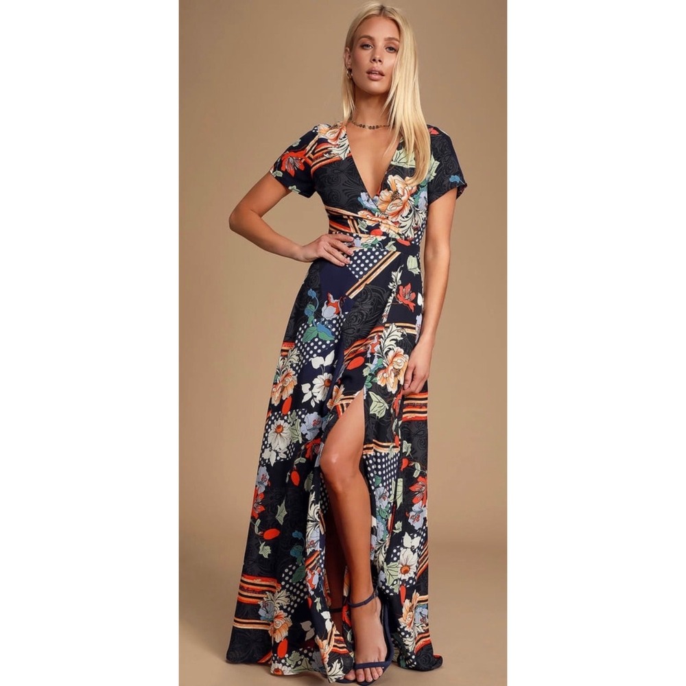 Lulus Aleta Navy Blue Mixed-Print Maxi Dress Size Small